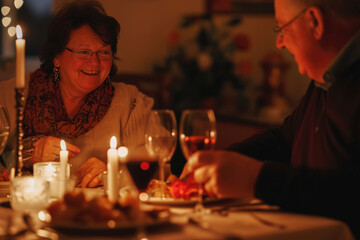 Old smiling couple in romantic evening atmosphere