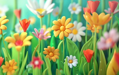 3D cartoon flower background, realistic illustration of spring flowers