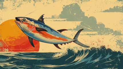 A vibrant vintage travel poster-inspired illustration for World Tuna Day, featuring a dynamic tuna against an orange sunset and ocean waves