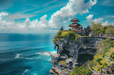 a temple on top of a cliff overlooking the ocean - obrazy, fototapety, plakaty