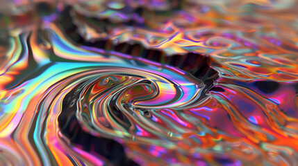 Closeup of swirling holographic liquid, creating an intricate pattern with vibrant colors and shimmering reflection. Abstract background