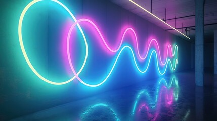 neon sign with flowing lines and circles in electric blue, hot pink, and lime green, casting a colorful glow in a dark, minimalist room.