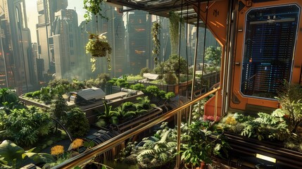 A rooftop botanical haven with advanced environmental controls, providing a stark contrast to the dense, cyberpunk urban jungle below. 
