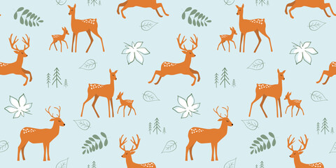 Seamless pattern with deer and fawns on a background of abstract leaves. Abstract natural forest print with animals. Vector graphics.