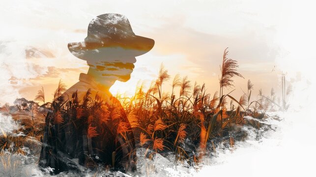 On a white background, a farmer stands alone, his figure overlaid with a double exposure paint brush design