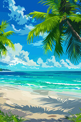 Serene tropical beach paradise with turquoise water, white sand and palm trees, inviting travelers to relax and unwind