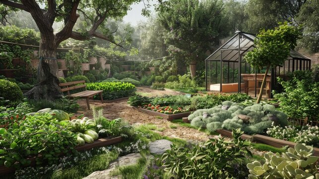A rustic backyard garden with a vegetable patch, an array of herbs, and a small greenhouse. There's a natural stone path leading through the garden, with a wooden bench under a tree.