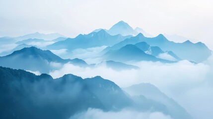 A serene mockup with a misty mountain morning, where the peaks emerge from a blanket of fog, offering a calm and soothing background 