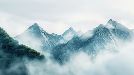 A serene mockup with a misty mountain morning, where the peaks emerge from a blanket of fog, offering a calm and soothing background for wellness and relaxation products. - Powered by Adobe