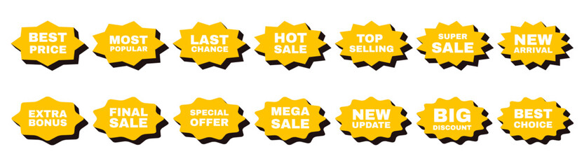 Collection of starbust badge label for sale promotion. Yellow and Black sticker set with text.
