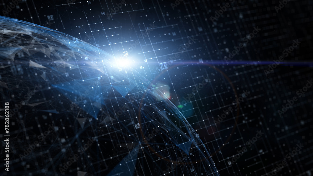 Wall mural network sphere with shiny star light and digital numbers. artistic artificial intelligence globe in 