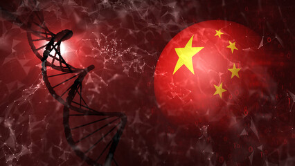 3d Dna cell and china flag illustration background.
