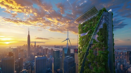 A sleek, modern eco-friendly skyscraper with a green living wall, integrated solar panels, and wind...