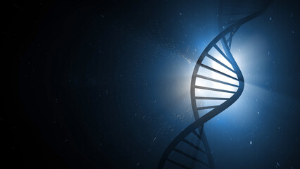 Abstract dna molecule silhouette copy space illustration background. Volumetric light effect used.