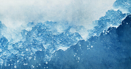 水彩画みたいな白い水飛沫と青い波打ち際のイラスト背景