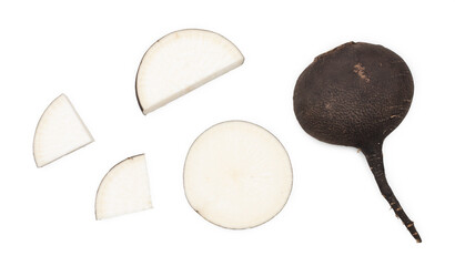 Black radish and slices isolated on a white background, top view