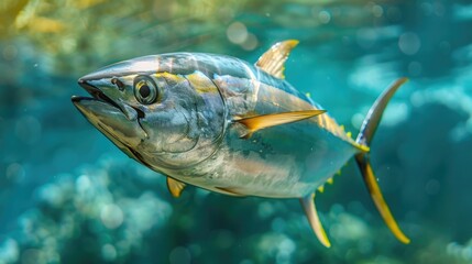 A stunning close-up of a solitary tuna fish gliding through the shimmering underwater realm, its details accentuated by natural light. World Tuna Day