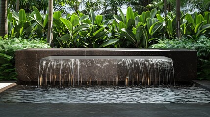 A sleek, modern water fountain with clean lines, set against a backdrop of lush greenery. The water flows gently over a smooth, dark stone surface, ideal for a garden landscape design. 