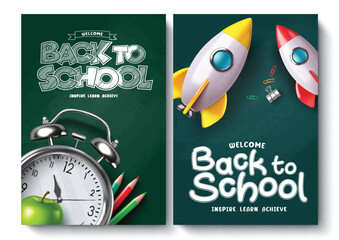 Back to school vector poster set. Welcome back to school greeting education lay out collection with alarm clock and rocket ship elements in chalkboard background. Vector illustration school 