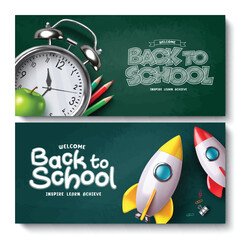 Back to school vector banner set. Welcome back to school greeting education lay out collection with alarm clock and rocket ship elements in chalkboard background. Vector illustration school 