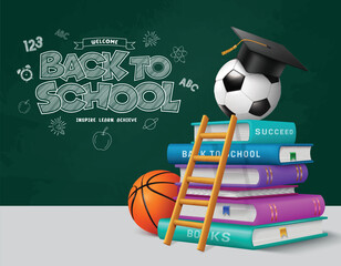 Back to school vector design. Welcome back to school greeting typography in green chalk board with books ,ladder, soccer ball and graduation cap for educational learning background. Vector