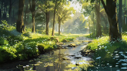 A peaceful babbling brook winding its way through a sun-dappled forest glade. - obrazy, fototapety, plakaty