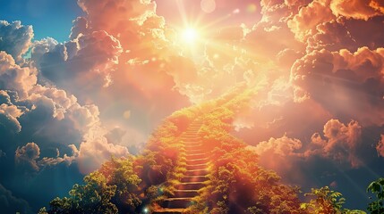 A stairway to heaven depicted as a path of radiant, sunlit clouds, ascending towards a heavenly realm of peace and spirituality. 