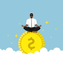 A businessman sits in the lotus position and meditates on a huge gold coin.