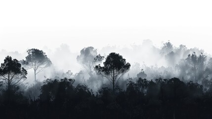 A surreal forest landscape, with the dark outlines of trees dramatically set against a misty white sky. 