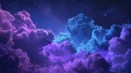 A surreal night sky with clouds in shades of neon purple and blue, creating an almost galactic effect. Stars shimmer in the background, adding depth to the scene.  - obrazy, fototapety, plakaty