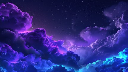 A surreal night sky with clouds in shades of neon purple and blue, creating an almost galactic effect. Stars shimmer in the background, adding depth to the scene. 