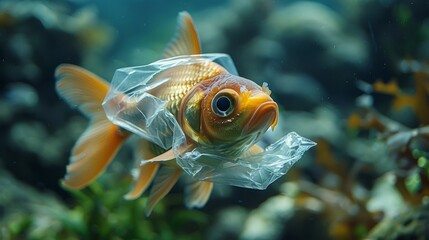 Goldfish struggles with a clear plastic bag underwater, depicting the issue of pollution in oceans and its impact on marine life.