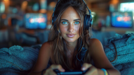 Close-up of a focused attractive woman wearing headphones playing video games; cozy atmosphere with soft lighting.