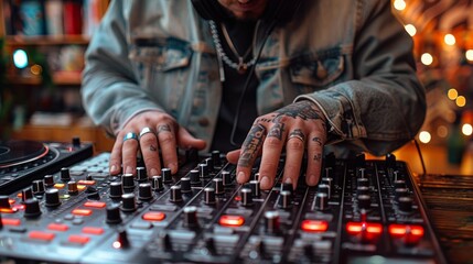 A DJ with tattooed hands is skillfully mixing tracks on a professional mixer in a vibrant nightclub...