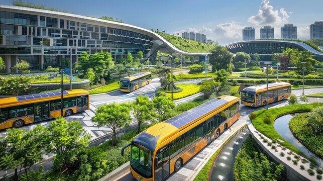 A sustainable city transportation hub featuring solar-powered electric buses, green roofs, and rain gardens, with a clean, modern architectural design. 