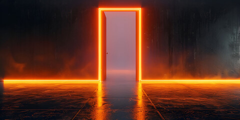Neon portal in orange glow retro futuristic background 3D rendering