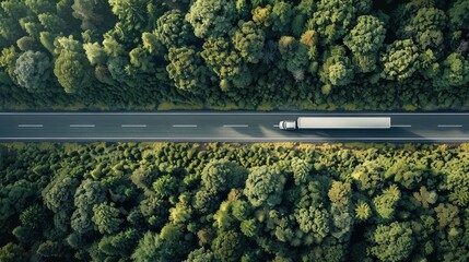 A top view of a small car and a semi-truck moving along a secluded highway road embedded in a forest with varying shades of green. 