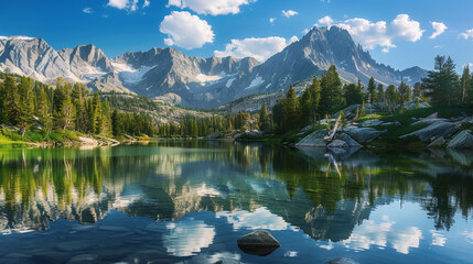 A serene mountain lake reflecting the surrounding peaks in its crystal-clear waters.
