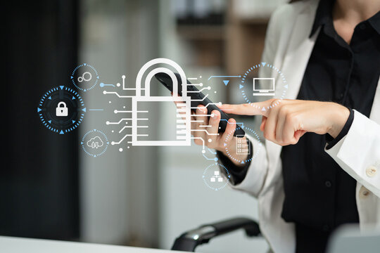 Cybersecurity and privacy concepts to protect data. Lock icon and network security technology. woman protecting personal data on smartphone tablet, virtual screen interfaces.
