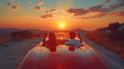 Joyful couple drives into a stunning sunset in a classic convertible car, expressing freedom and romance on a picturesque road.