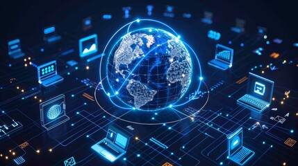 Global Communication: A 3D vector illustration of a globe surrounded by various communication devices