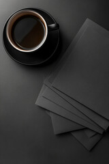 Black black color A4 paper on a black desk with a mug of coffee in an elegant style