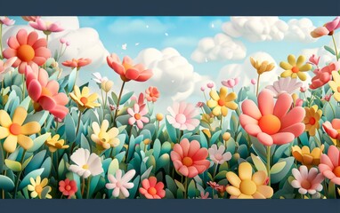 3D cartoon flower background, realistic illustration of spring flowers