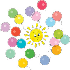 Smiling yellow sun surrounded by colorful holiday balloons, vector cartoon illustration on a white background
