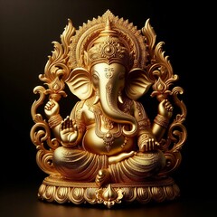 Obraz premium Divine Ganesha: Luxurious Golden Statue Symbolizing Spirituality, Faith, and Worship Against a Black Background