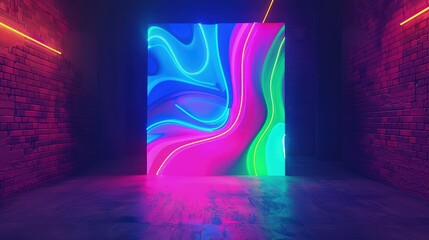 Fototapeta premium A vibrant neon sign with swirling colors of blue, pink, and green, casting a glow in a dark, empty room with a brick wall background. 