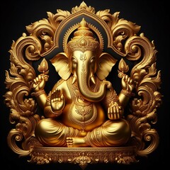 Fototapeta na wymiar Divine Ganesha: Luxurious Golden Statue Symbolizing Spirituality, Faith, and Worship Against a Black Background
