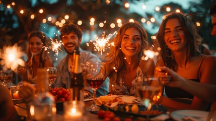 Group of friends enjoys a festive evening outdoors, celebrating with sparklers and wine around a dinner table adorned with lights.