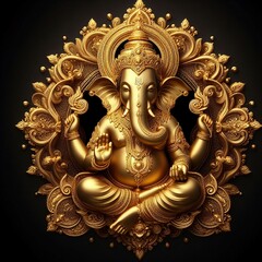 Fototapeta na wymiar Divine Ganesha: Luxurious Golden Statue Symbolizing Spirituality, Faith, and Worship Against a Black Background