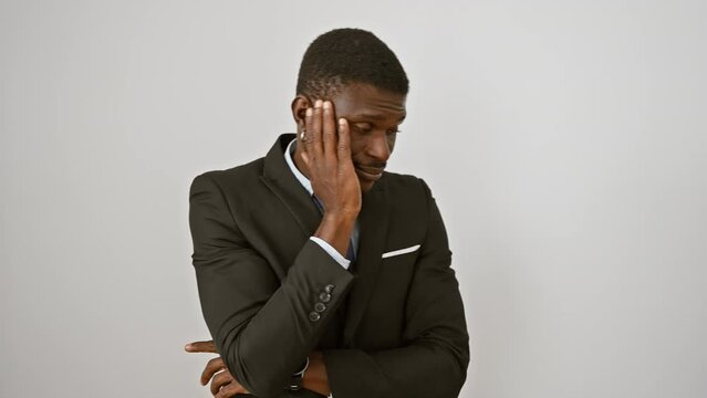 Depressed-looking african american man, bored and tired, thoughtfully standing in a suit - an image of stress and problem isolated on white background